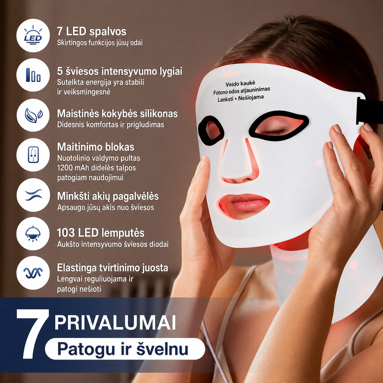 Silikoninė LED kaukė veidui ir kaklui