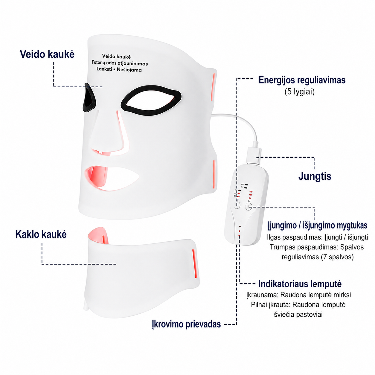 Silikoninė LED kaukė veidui ir kaklui