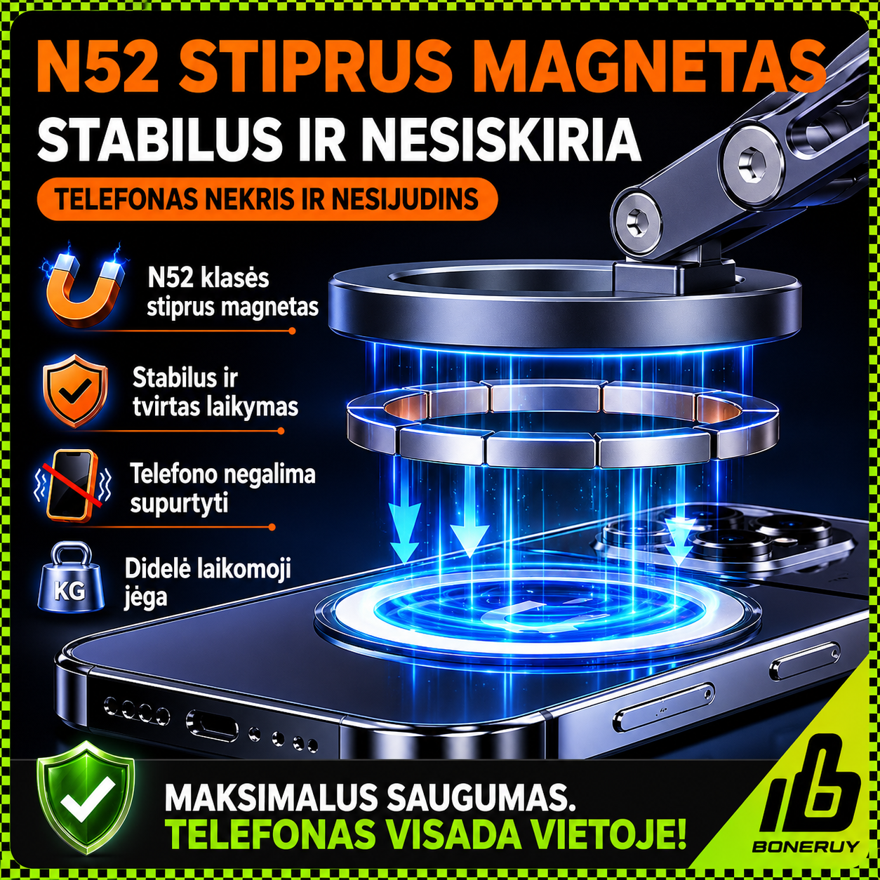 Magnetinis Telefono Laikiklis su Vakuuminiu Tvirtinimu