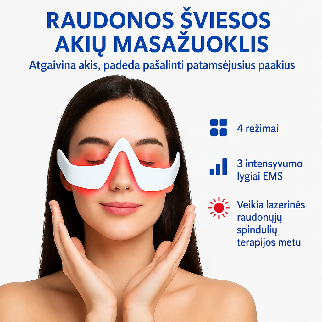 Raudonūjų spindulių terapijos akiniai paakių maišeliams mažinti