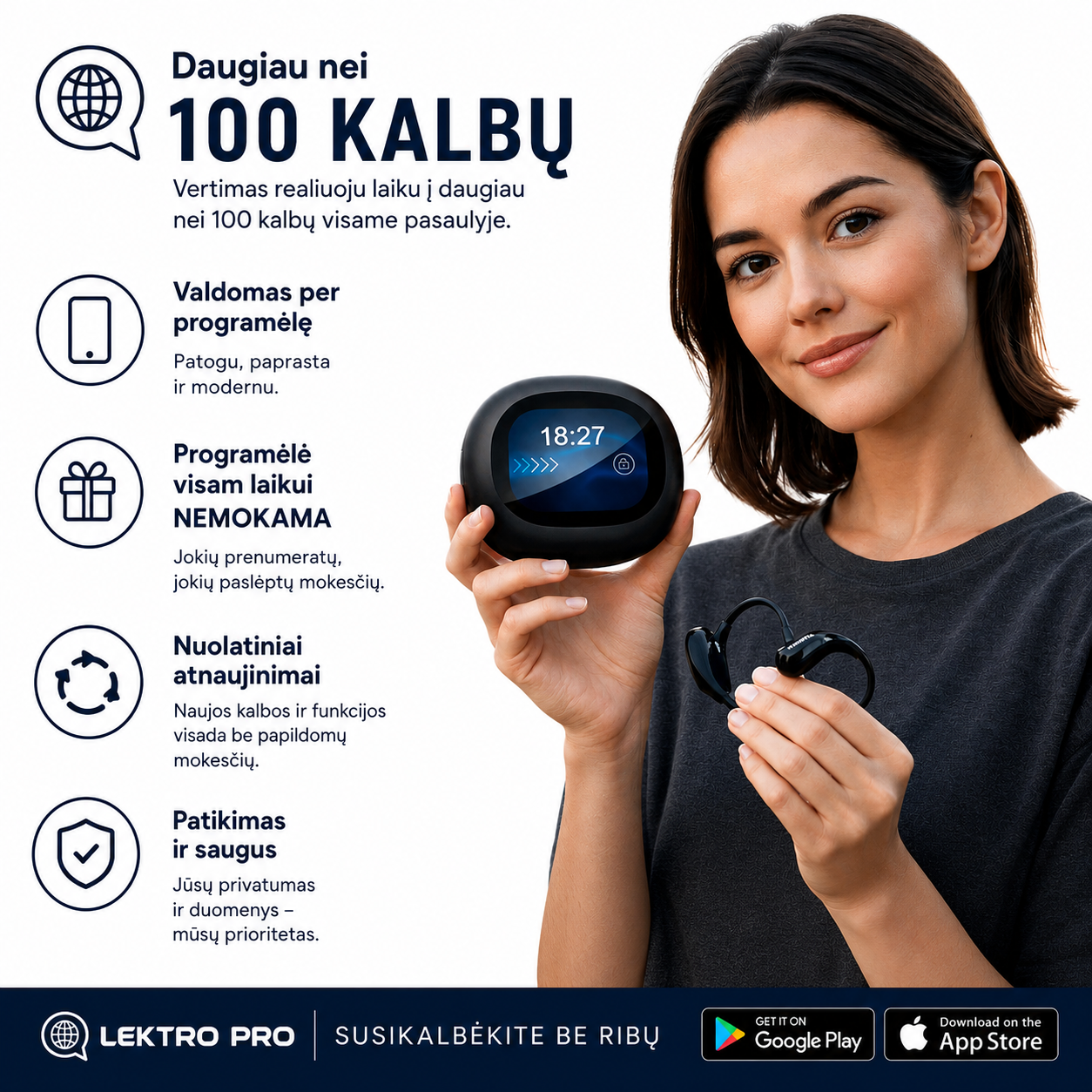 Vertimo ausinės Lektro AI - verčia daugiau nei 100 kalbų