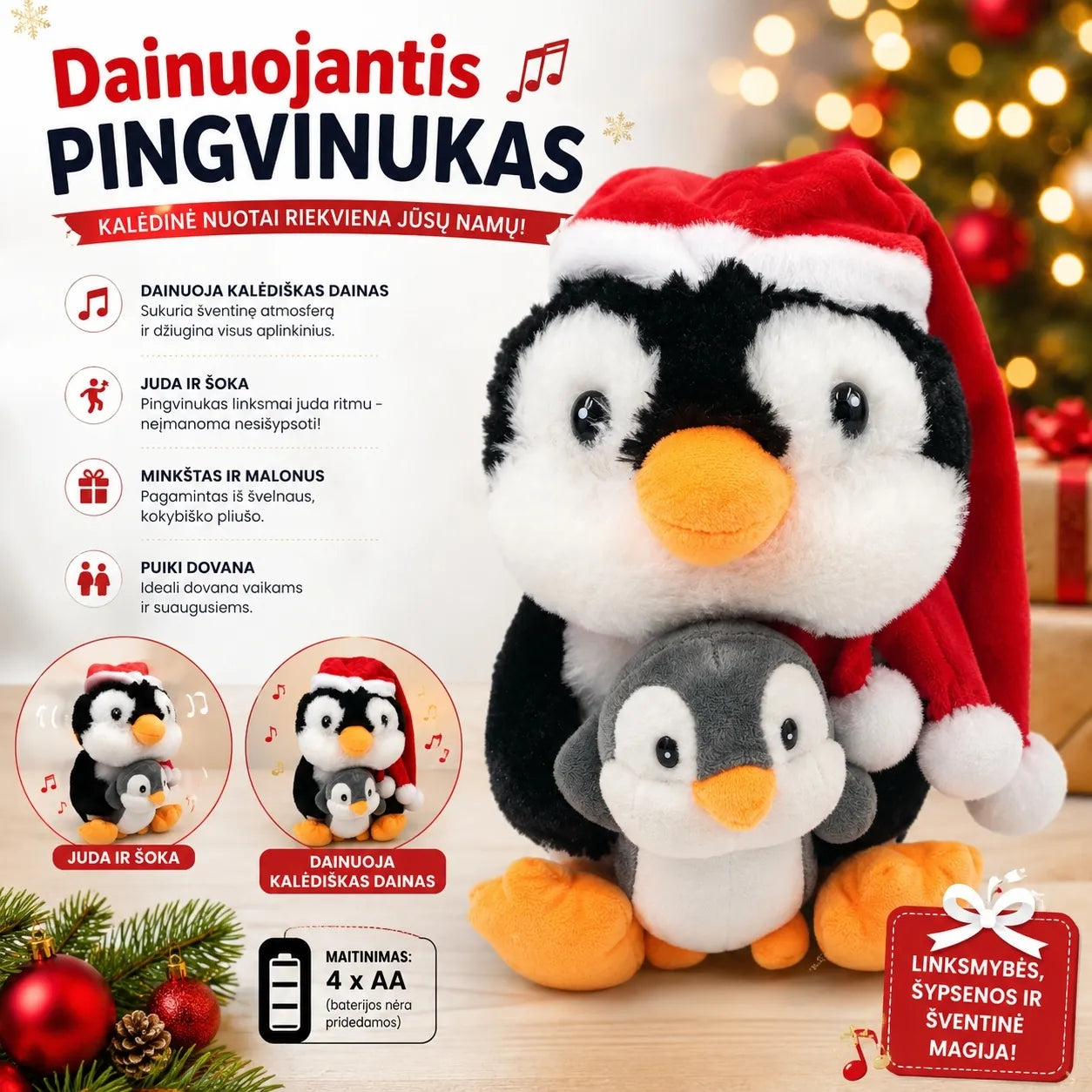 Kalėdinis pliušinis dainuojantis pingvinas su mažyliu