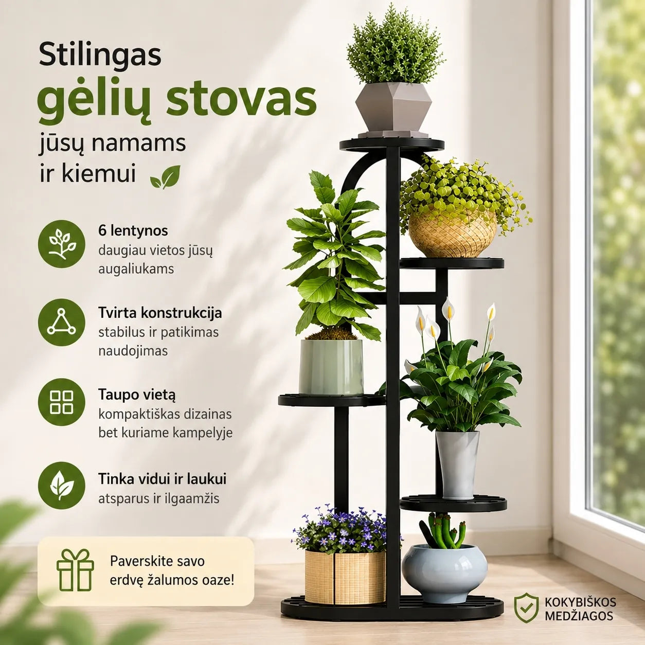 Metalinis augalų stovas 6 vazonams, 90 cm
