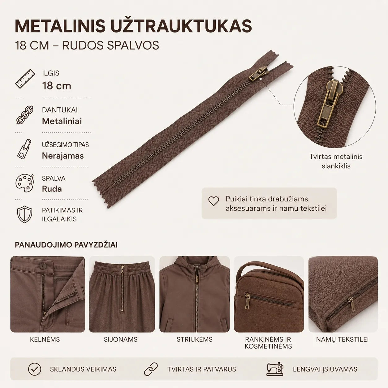 Metalinis užtrauktukas 18 cm – tamsiai rudos spalvos