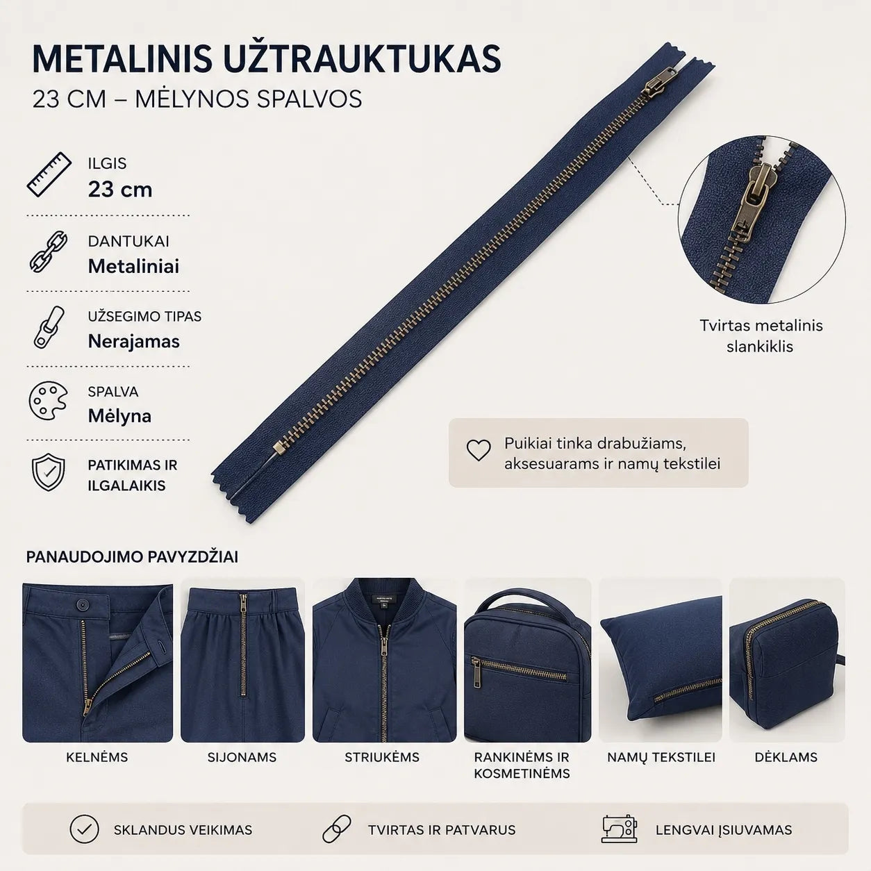 Metalinis užtrauktukas 24 cm – mėlynos spalvos