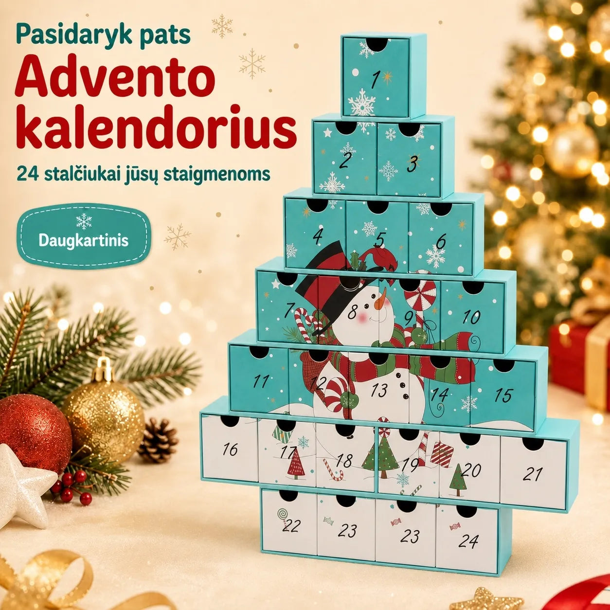 „Pasidaryk pats“ advento kalendorius su 24 stalčiukais – Sniego senis