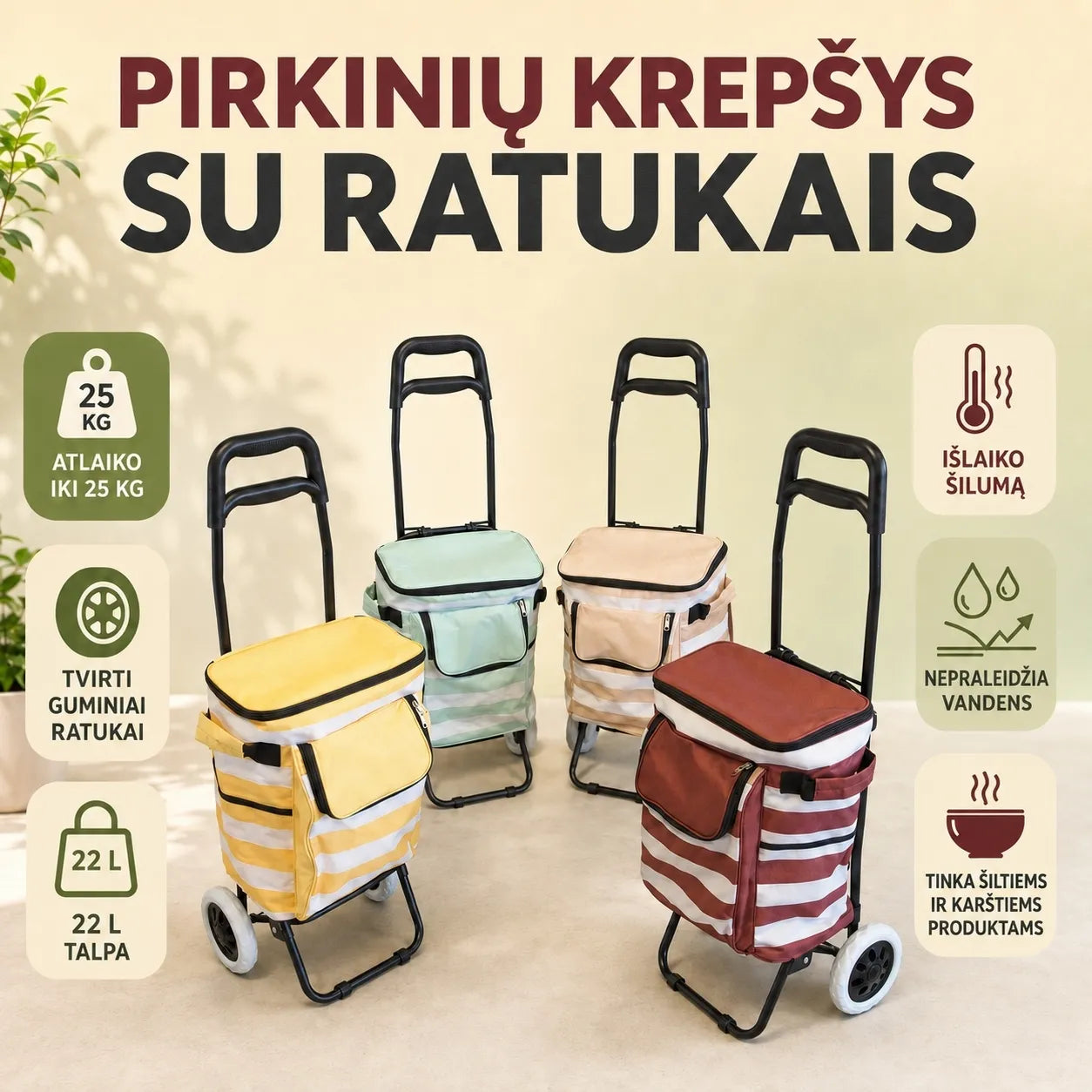 Pirkinių krepšys su ratukais, 22 l