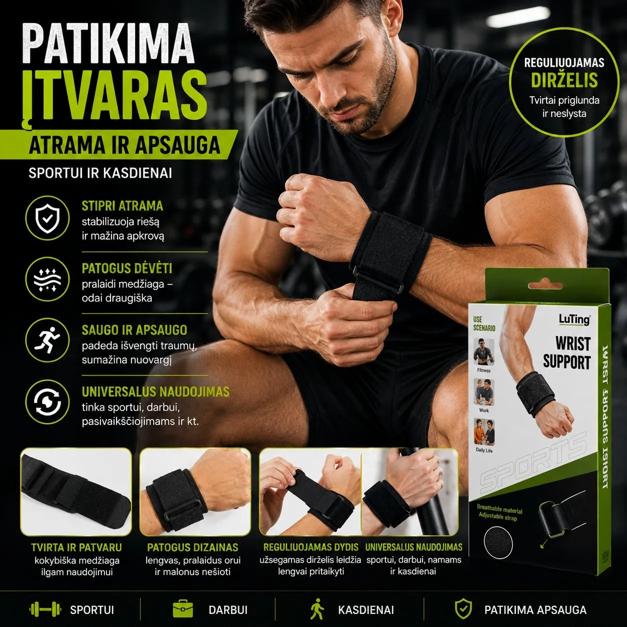 Reguliuojamas šildantis riešo įtvaras