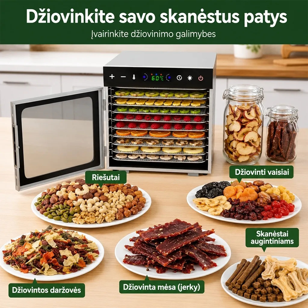 Vaisių ir maisto džiovyklė 600 W, 10 padėklų, nerūdijančio plieno